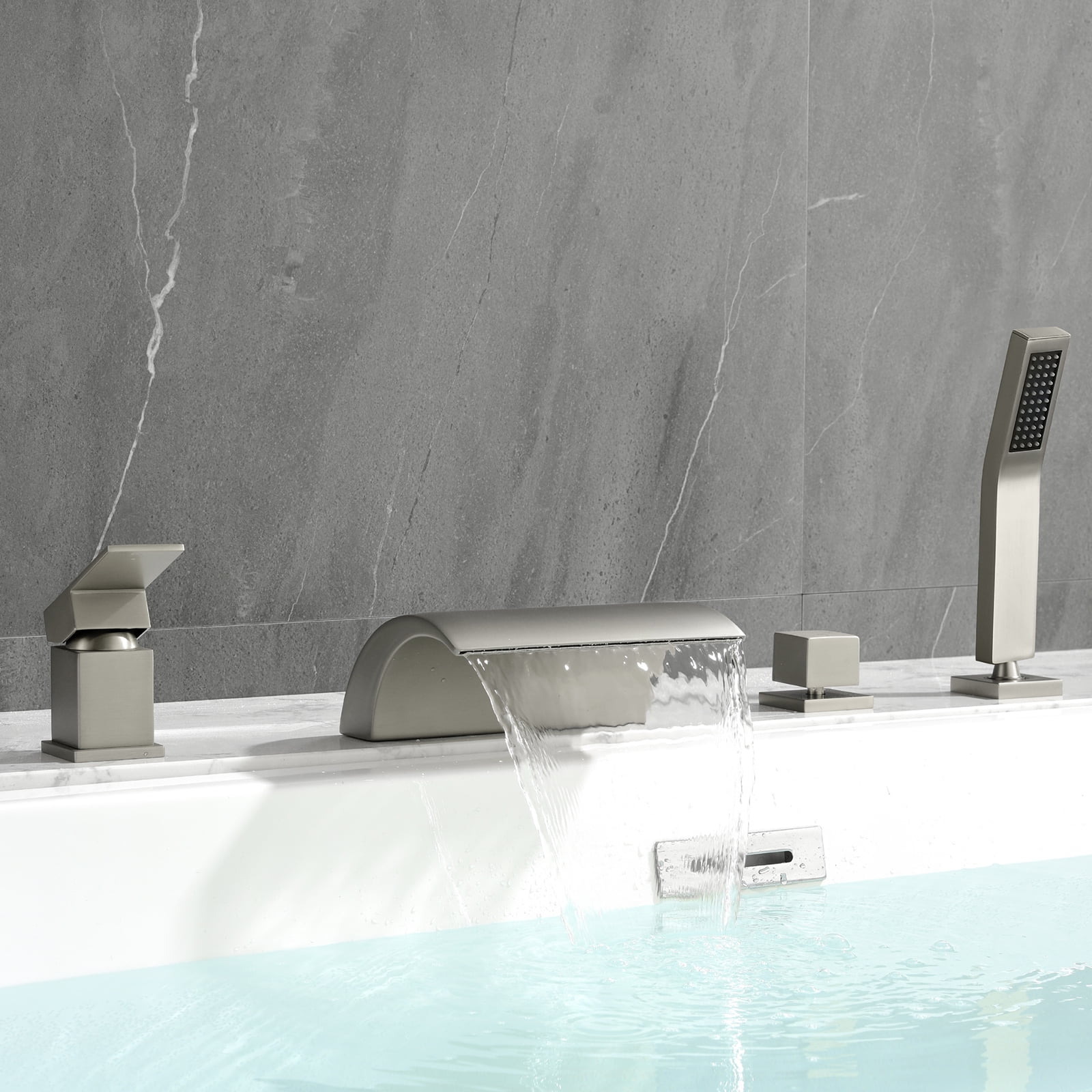 Cobbe Single Handle Bathroom Bathtub Faucet with 7.09-Inch Wide Waterfall Spout and Handheld Shower 4-Hole Mount Brushed Nickel