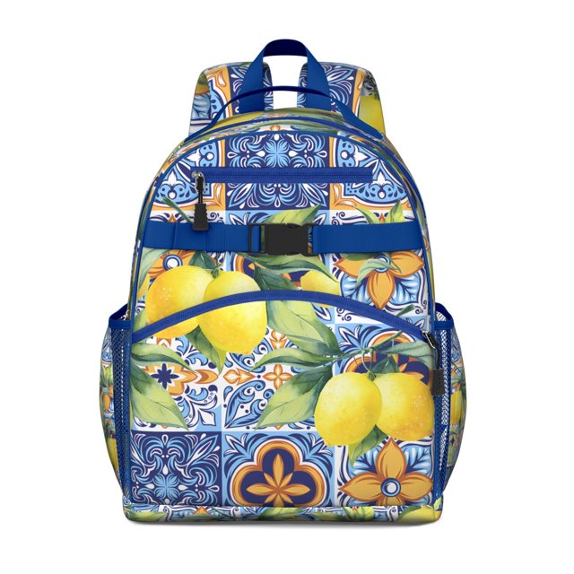 Cute Yellow Lemon Fruit Student Backpack Summer-Inspired Pattern with Floral Elements Adjustable Straps and Large Capacity