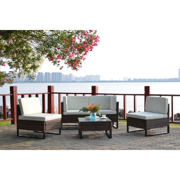 Modern Patio Set Brown Wicker Furniture Set Chairs And Table Combination Set 5 Pieces Set Wicker Conversation Seats And Table All Weather Indoor And Outdoor Furniture Set Beige Cushions Y0467 Walmart Com