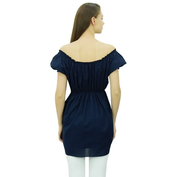 Bimba Women's Off Shoulder Puff Sleeve Tunic Top - Elastic Waist - Cotton Blouse - Casual Wear