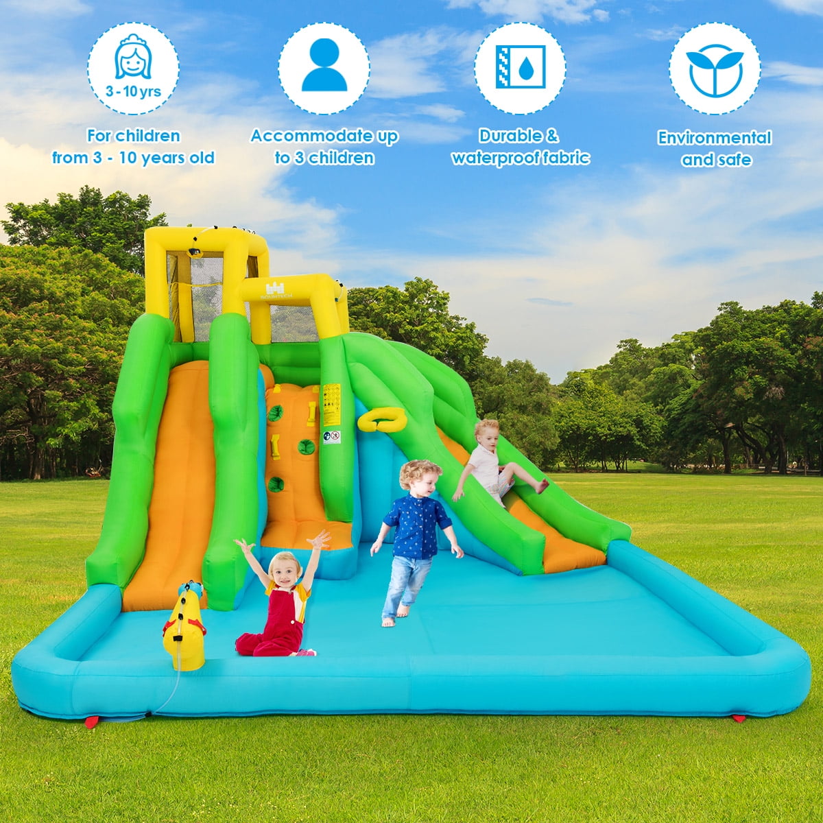 Costway Inflatable Water Park Bounce House Two-Slide Bouncer with Climbing Wall & 480W Blower