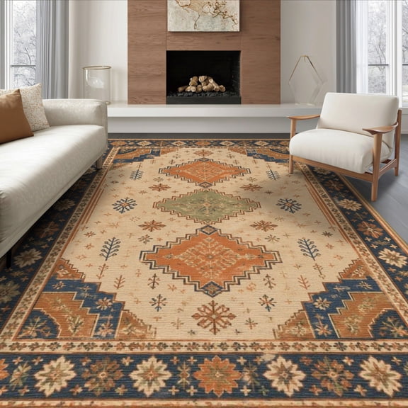 ODIKA 8'x10' Washable Area Rug Navy Rust and Geometric Medallion Intricate Floral Border with Vintage Charm for King Size Bedroom Under Bed, Master Suite, Non-Shedding, Easy Care