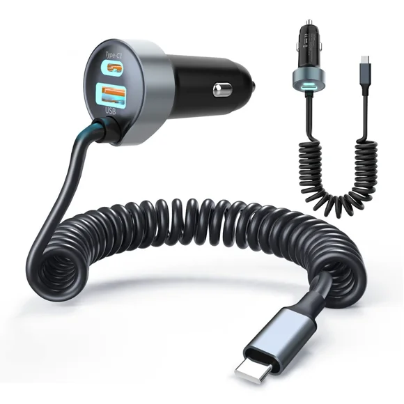 Car Charger USB C Fast Charging for iPhone 16 with 1.5M 65W USB C Spiral Cable Car Phone Adapter PD&QC3.0 USB Charger 12V USB Socket