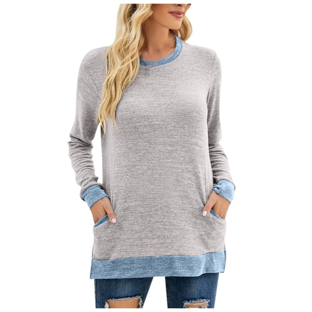 Camisas Para Mujer Cuello Redondo Color A Juego Bolsillo Recreativo Manga Larga Tops Odeerbi ODB129176