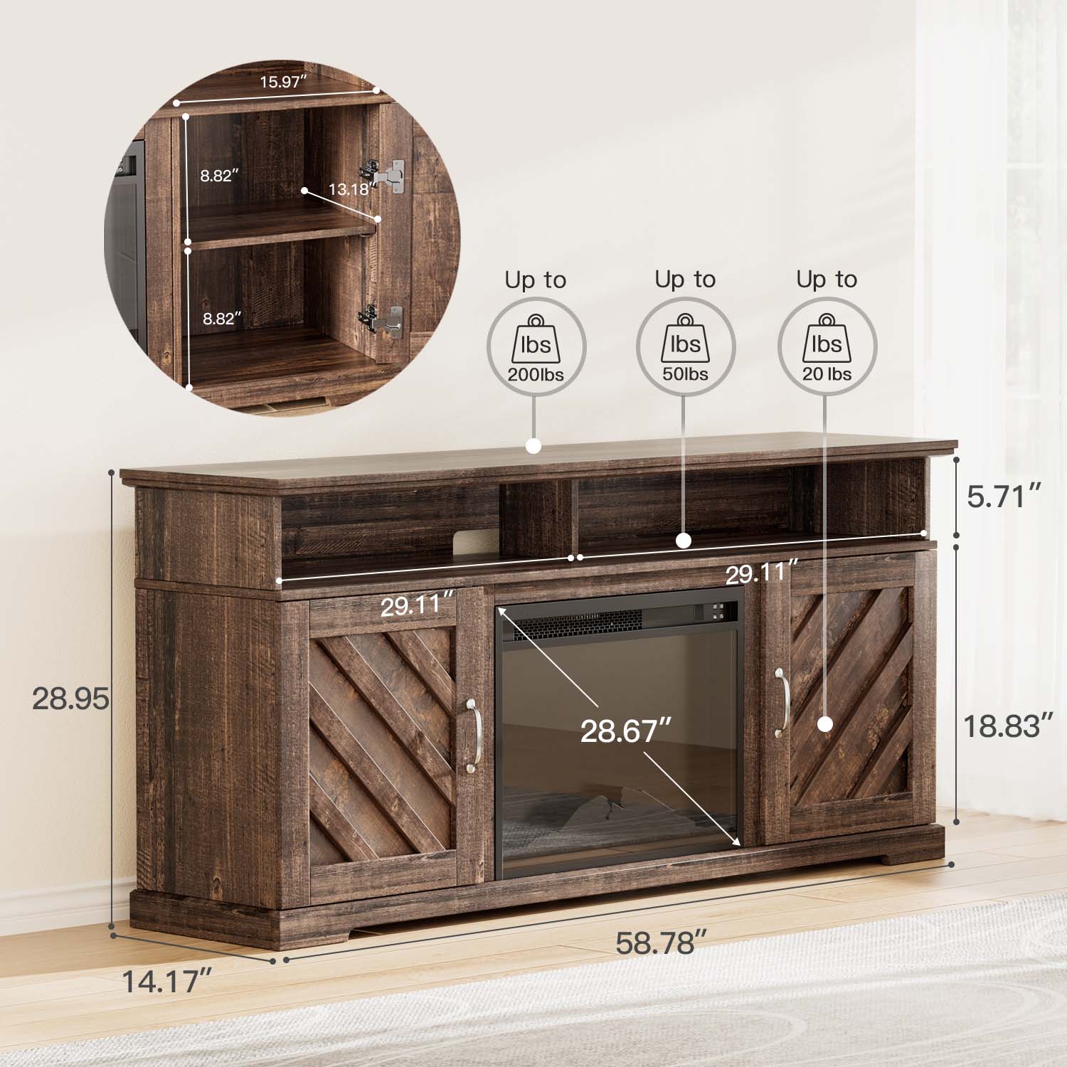 CHITOOMA Electric Fireplace TV Stand for 65 70 75 inch TV with Remote Control, Farmhouse Entertainment Center with 23″ Fireplace for Living Room, Bedroom,Vintage Brown