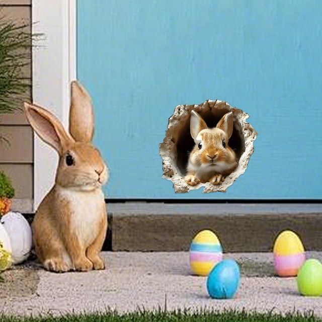 Decoraciones de Pascua, adornos de Pascua, regalos de Pascua, pegatinas de conejo de Pascua realistas con diseño de pared agrietada, decoración visual instantánea de primavera, pegatinas divertidas de