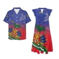 thumbnail image 4 of Garronmavis Haiti Flag Matching Couple Outfits Husban and Wife Clothing Men's Button Down Summer Beach Shirt Blouse and Womens Short Sleeve Dress Flowy Hawaiian Sundress, 4 of 7