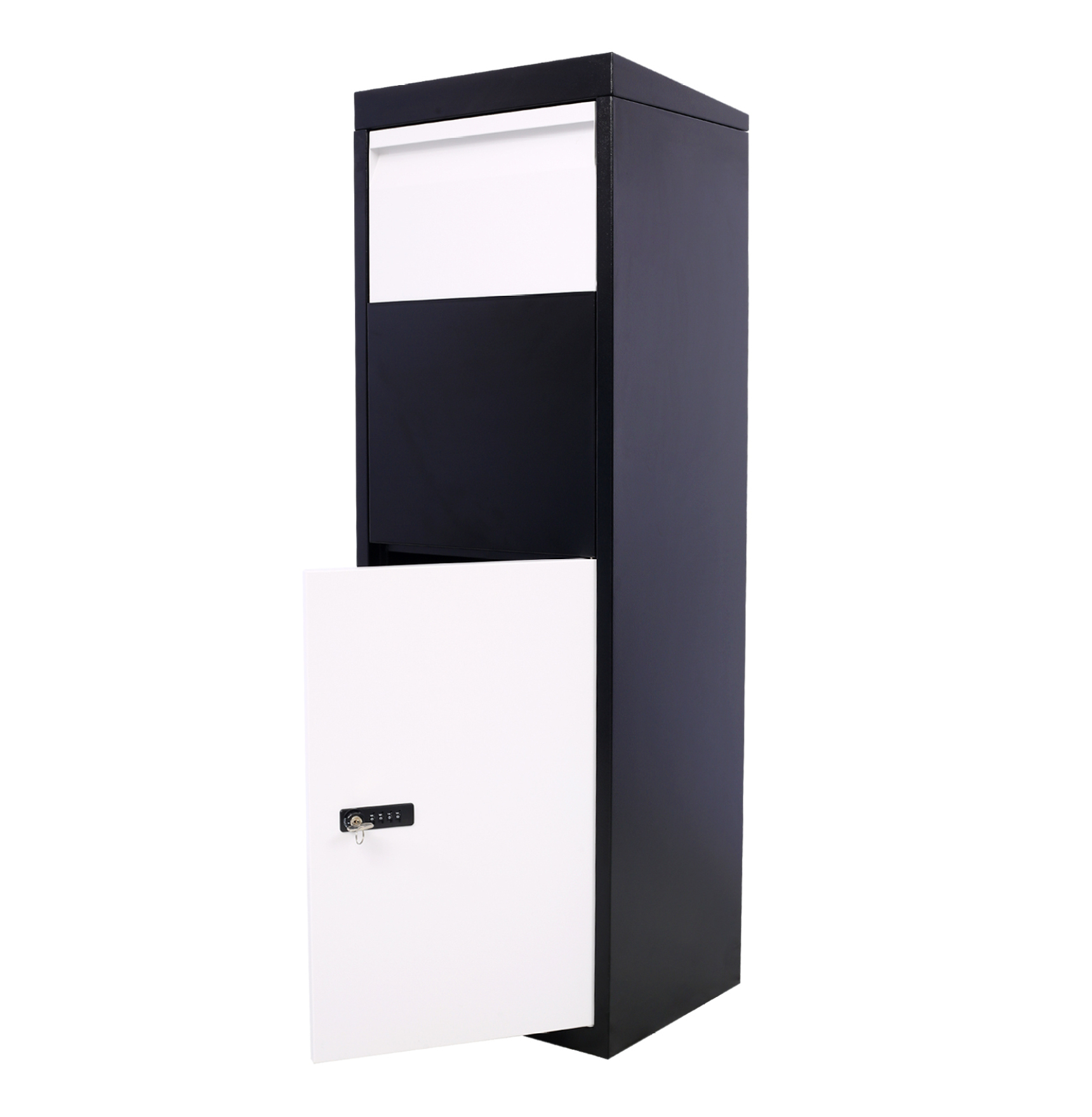 Package Delivery Box - Galvanized Steel Mailbox with Code Lock - Secure Parcel Drop Box for Porch, Curbside - 14''x11.3''x42'', Black & White