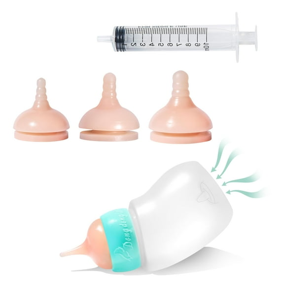 Doggiema Pet Feeder Bottle,Silicone Feeding Nipple and Syringes for All Breed of Puppies,Kittens and Other Animals (1 Bottle 3 Size Nipple 1 Syringe)