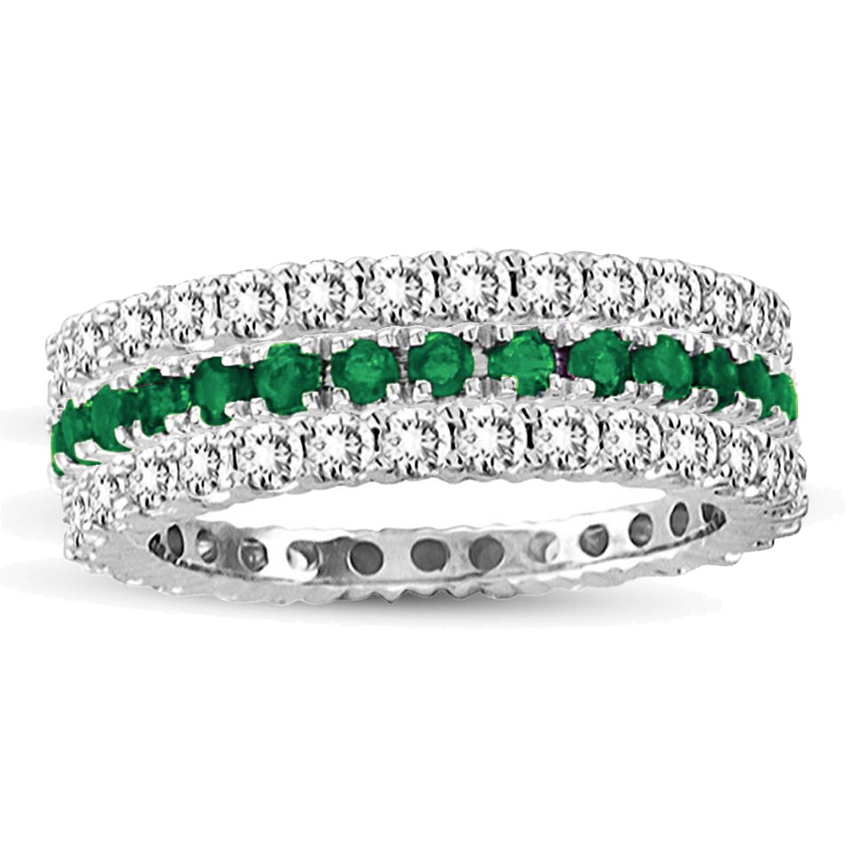 Emerald Open Matching Band 2 Stone Diamond Ring 2-Stone Green Emerald & Diamond Open Wedding Band For Women 14K Gold Finish Emerald Ring