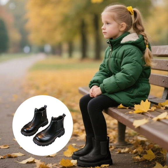 ZHOGXU Big Girls Boots Flat Sole Soft Sole Non Slip Solid Color Side Zipper Comfortable Fashion Shoes For Casual Daily Wear Black 4-4.5 Years