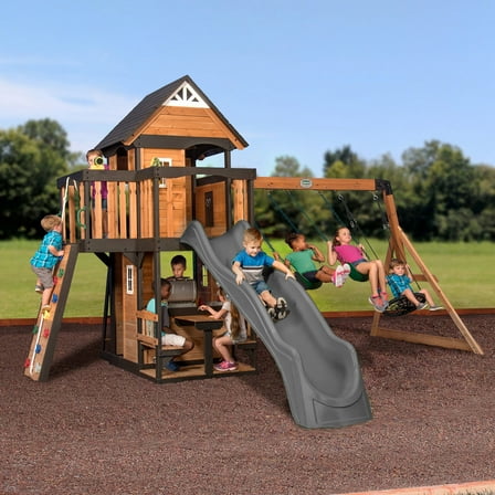 Backyard Discovery Canyon Creek Cedar Wood Swing Set, Slide, Clubhouse, Rock Wall