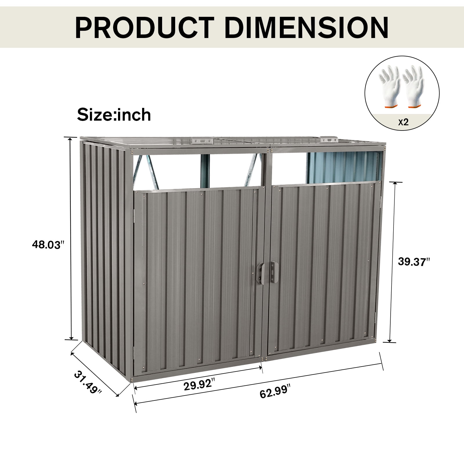 IMagacFun Metal Outdoor Garbage Bin Shed for 2 Trash Cans, Stainless Galvanized Steel Storage Shed for Garden Yard Lawn Gray