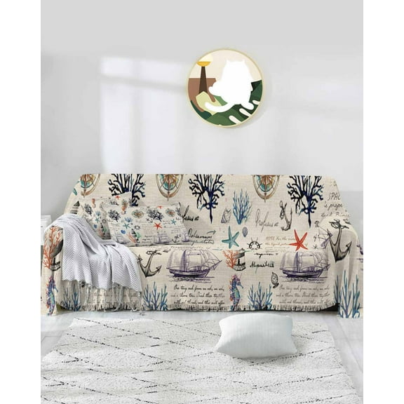 Coastal Nautical Sofa Covers for 3 Cushion Couch,Washable Sectional & L Shape Couch Covers for Dog/Cat/Kid,Retro Sailboat Compass Starfish Off White Non Slip Sofa Slipcover Futon Cover 71x150