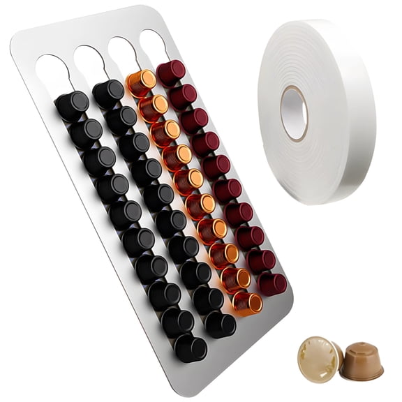 Pod Holder, Wall-Mounted Coffee Pod Organizer, Sleek Stainless Steel Finish, holds Up to 40 Pods, Space-Saving Design, Includes Adhesive Tape