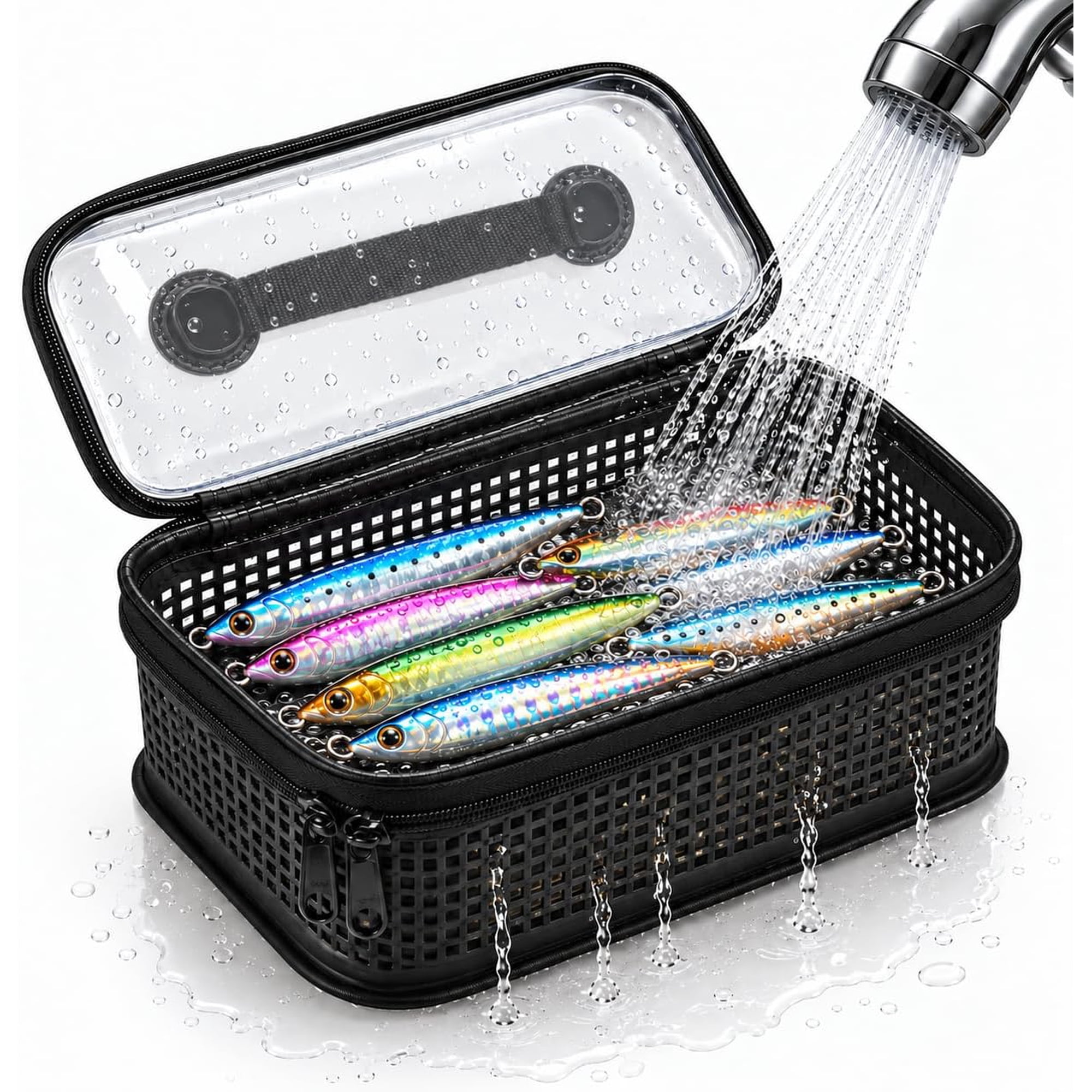 XAOUS Rinse Box Rinse Drain and Store Fishing Lures for Saltwater Tackle | Breathable Mesh Jig Bag Clear Lid Carry Handle Metal Jig Organizer Hard Bait Case Squid Lure Holder Offshore Gear