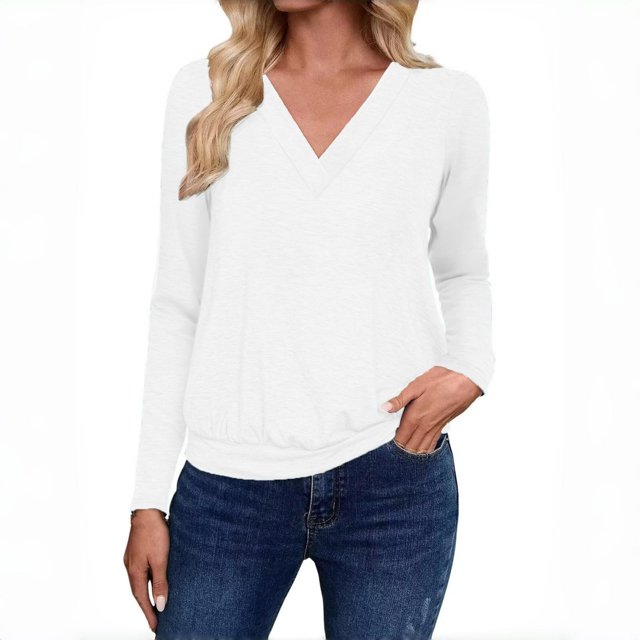 Timegard Women's Long Sleeve Shirts V Neck Ruched Dressy Casual Basic Tops Blouses Fall Solid Color Tee