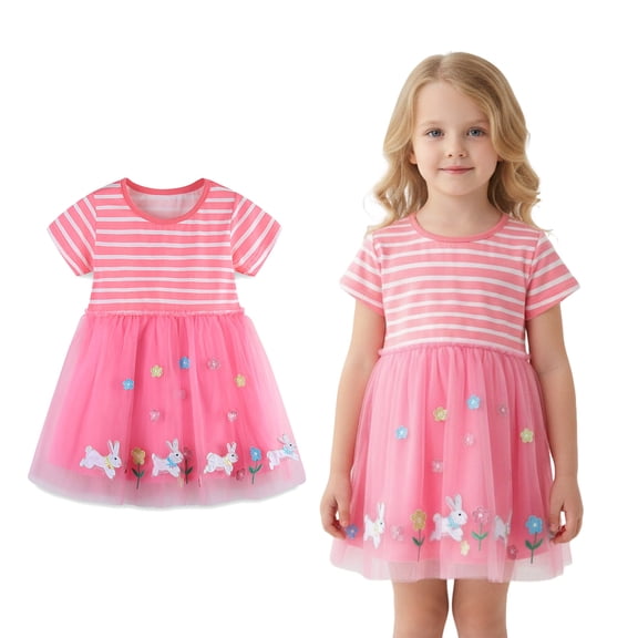 Girls Easter Dress Short Sleeve Striped Tulle Dress Kids Summer Dresses Girls Dresses Size 5-6 Years