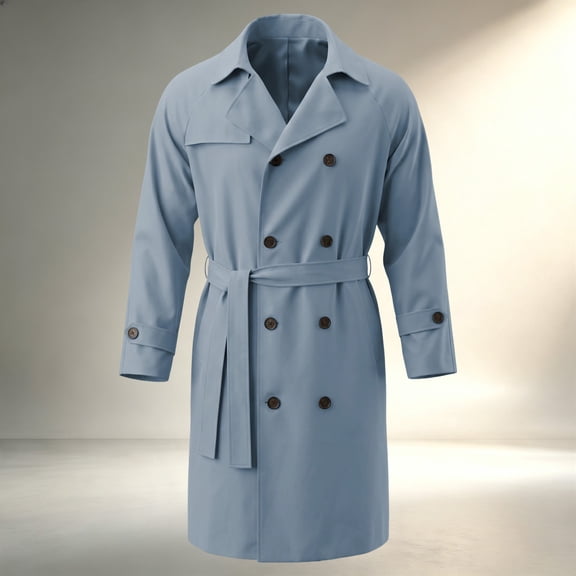 Maqroz Mens Double Breasted Trench Coat Mid Length Classic Lapel Collar Fall Winter Windbreaker Outerwear Casual Business Overcoat with Waist Belt, (Light Blue,L)