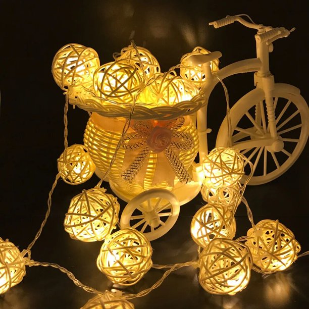 Guirnalda de bolas de ratán de 20 LED, guirnalda de luces navideñas, cuerdas de iluminación para vacaciones al aire libre, boda, fiesta de Navidad, decoración del hogar
