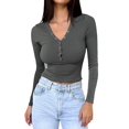 thumbnail image 2 of Womens Long Sleeve Shirts Fall Clothes Henley Tops Business Casual Ribbed Blouses Fashion Trendy Outfits Dark Gray XL, 2 of 8
