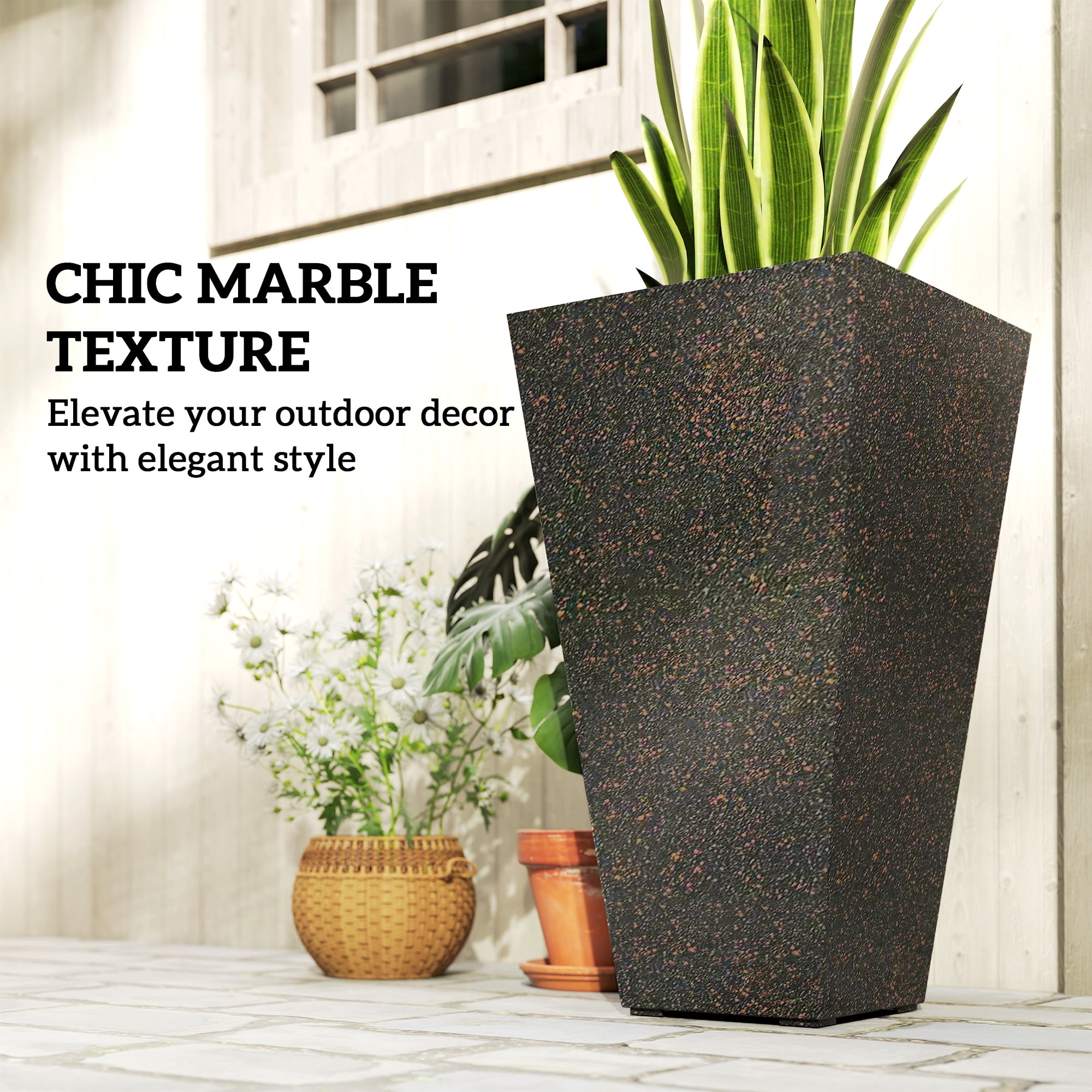 Outsunny 28" Tall Planters, Set of 3 Plastic Flower Pots with Marble Finish and Drainage Holes, Stackable Tapered Outdoor Planters, Brown