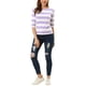 thumbnail image 2 of Camisetas de rayas para mujer Inspire Chic, corte ajustado, mangas de codo, cuello barco, T-shirt M blanca y morada, 2 of 7