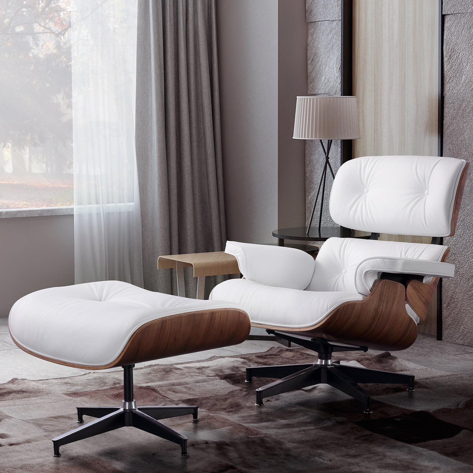 Uenjoy Stylish Lounge Arm Chair and Ottoman Full Leather Walnut White