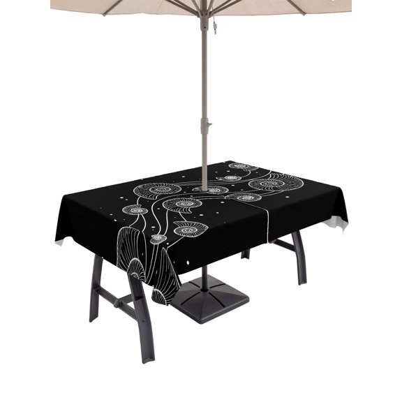 60x84 Inch Outdoor Tablecloth with Umbrella Hole Zipper Rectangle Black Shell Coastal Rectangular Tablecloths Outside Waterproof Summer Ocean Line Abstract Art Patio Table Cloth Cover for Picnic