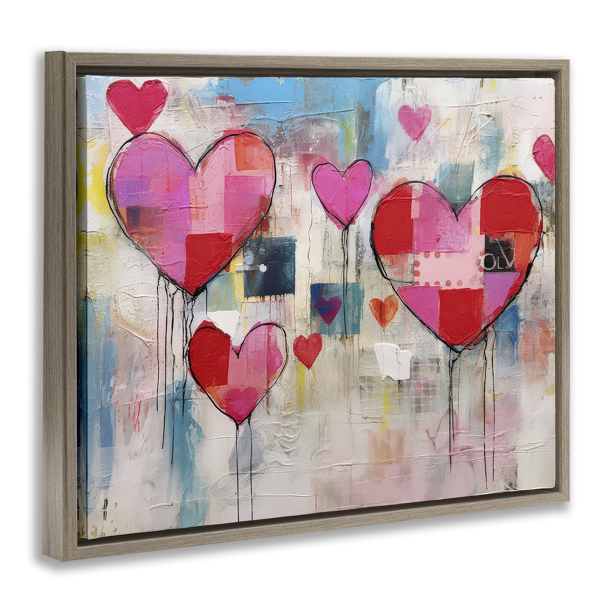 Stupell Industries Urban Hearts Painting Collage Abstract Painting Brown Floater Framed Canvas Art Print Wall Art, 21 x 17
