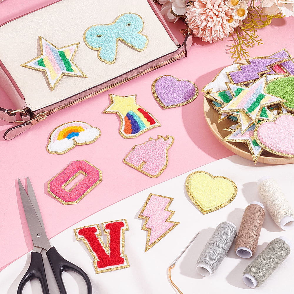 42pcs Chenille Patches Chenille Iron on Embroidered Patches Cute Self Adhesive Letter Patches Heart Patches Stick on Fabric Patches