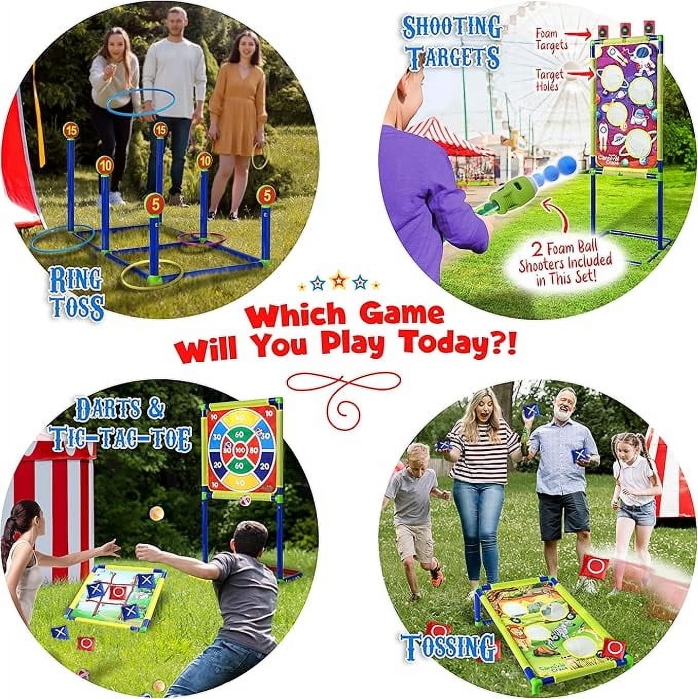 Carnival Yard Games for Kids - Ring Toss, Beanbag Cornhole, Ball Shooting Target Game, Ladder Toss, Darts Board, Tic Tac Toe, Birthday Party Activities, Backyard Outdoor Games and Indoor Family Fun
