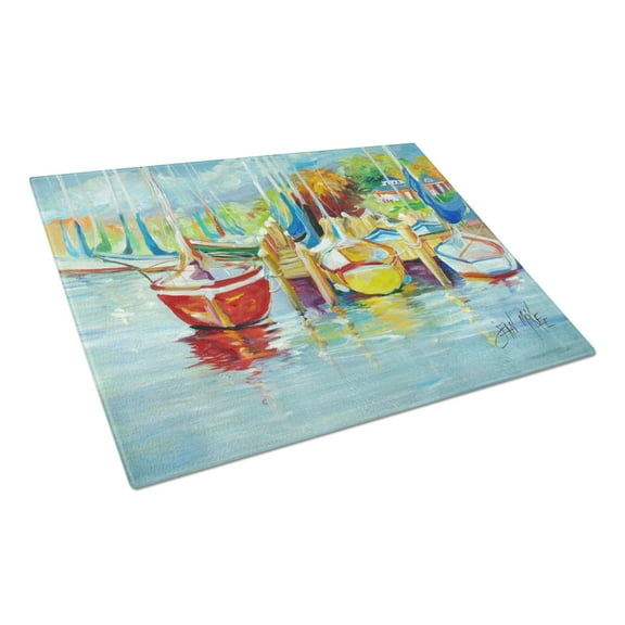 Carolines Treasures On the Dock Sailboats Glass Cutting Board Large 12H x 16W multicolor
