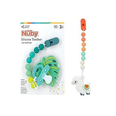 Nuby All Silicone Teether with Bonus Silicone Pacifinder with Clip - 3+ Months 1pk Monstera Leaf/Llama