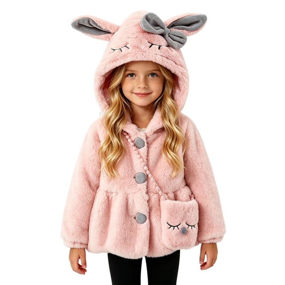 Girls Fuzzy Fleece Hooded Coat Button Down Long Sleeve Warm Outerwear with Matching Small Bag Pink 2-3 Years