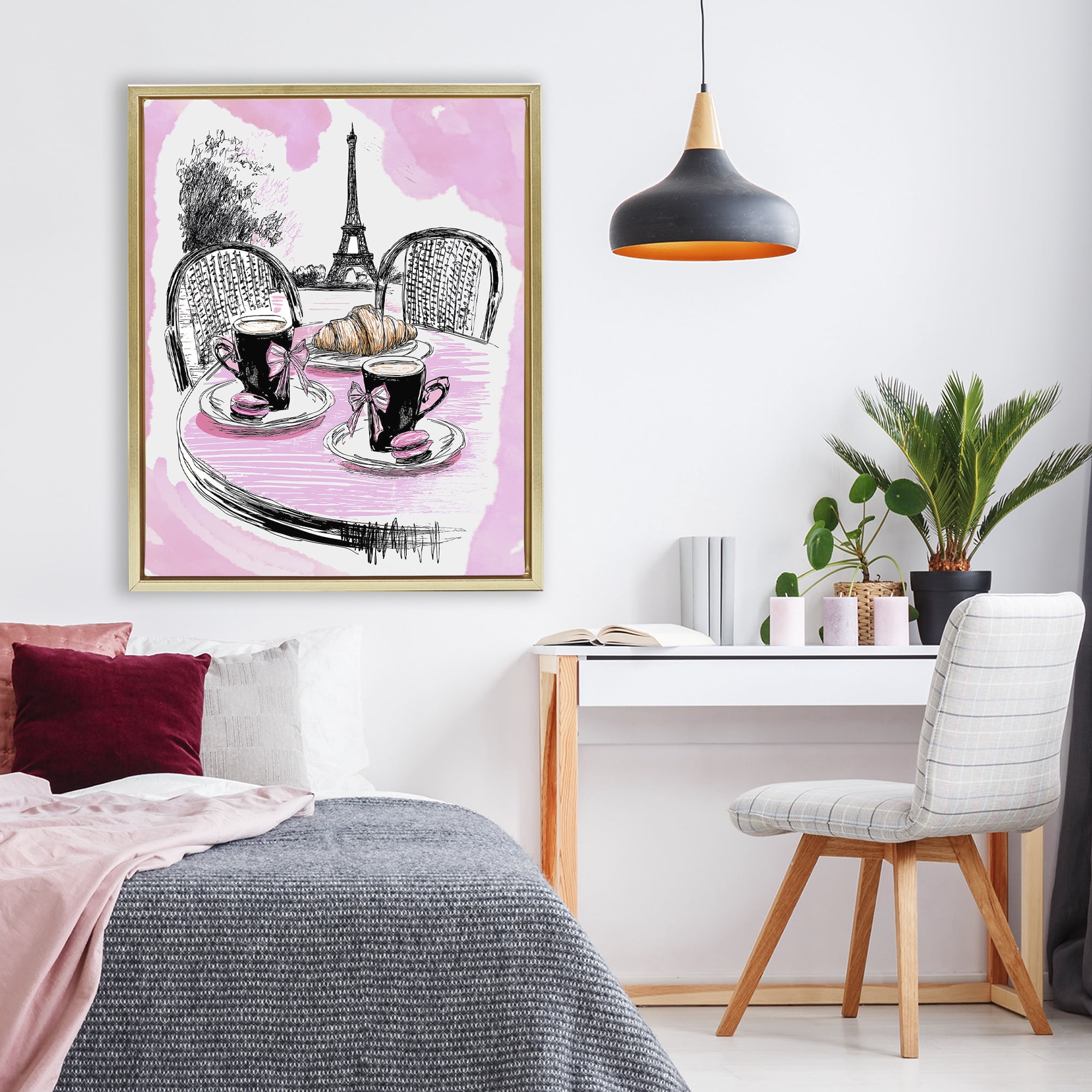 Stupell Industries Pink Parisian Cafe Breakfast Gold Framed Floater Canvas Wall Art, design by Jess Stempel