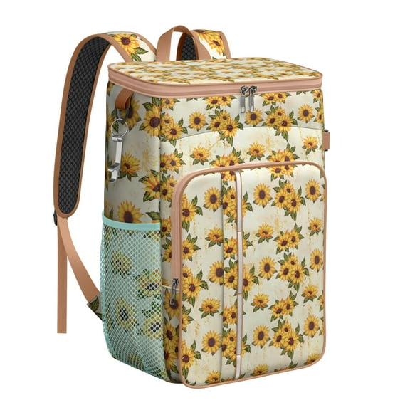 Sunflower Bloom Picnic Cooler Backpack, Vintage Butterfly Floral Insulated Bag for Camping, Beach, Work