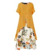Womens Summer Short Sleeve Sun Dress Floral Round Neck Dresses for Women Special Occasion Yellow XL