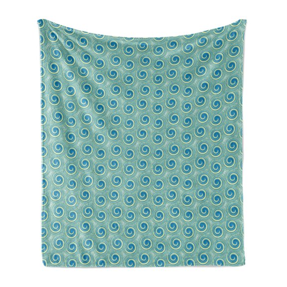 Abstract Soft Flannel Fleece Blanket, Continuous Swirls Circle Elements Retro Traditional Fashion Pattern, Cozy Plush for Indoor and Outdoor Use, 70" x 90", Sea Blue and Pale Green, by Ambesonne