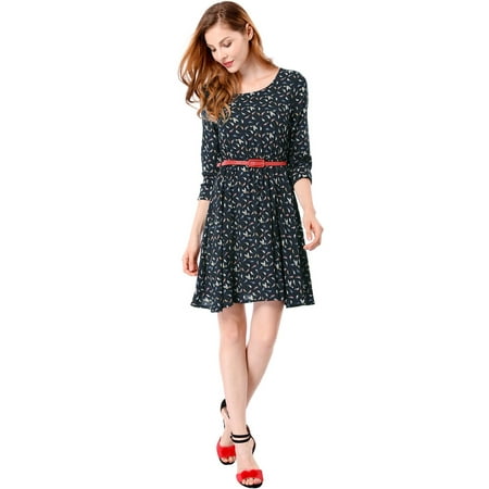 Contrast Line - Women Bird Prints Contrast Belt Above Knee A Line Dress