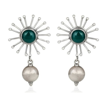 Natural Green Onyx Drop Earrings in 925 Sterling Silver – Handmade Bezel-Set Round Gemstones with Push Back, Elegant Jewelry Gift for Women