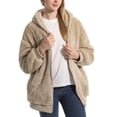 thumbnail image 2 of SWSMCLT Women's Fuzzy Jacket Hood Thermal Pocket Fleece Coat Long Sleeve Hoodie Outerwear Cute Full Zip Zipper Khaki Large, 2 of 4