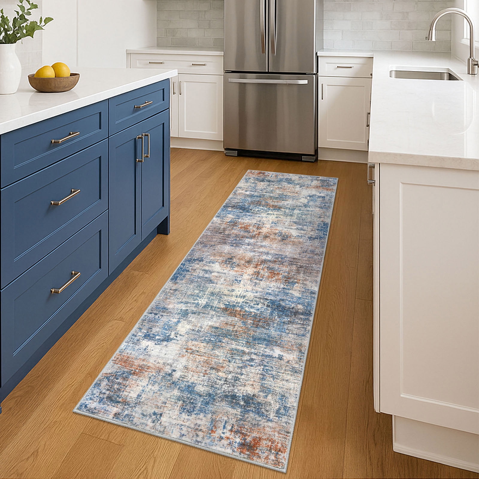 iOhouze Runner Rugs 2x6 Washable Runner Rug for Hallways Non Slip Kitchen Runner Low Pile Soft Printed Faux Wool Abstract Floor Runner for Inodoor Bedroom Entryway Laundry Room, Blue/Rust/White