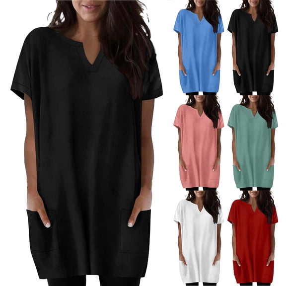 Otntypg Oversized Tunic Shirts for Women Casual Summer Short Sleeve V Neck Plain Tees Shirt Tops Loose Fit Baggy Long Tshirt Blouse with Pockets White L