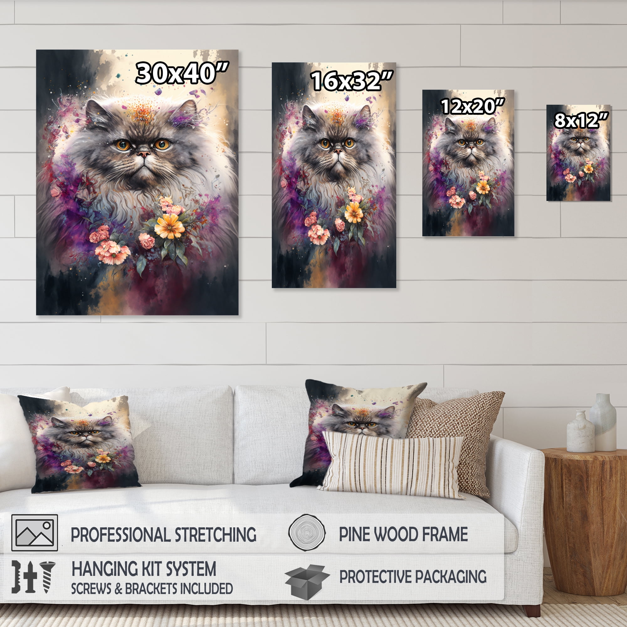 Designart Cute Persian Cat Floral Art I Canvas Wall Art