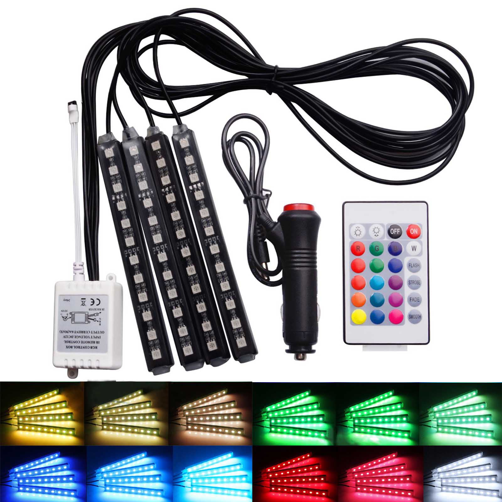 Fugen 4 Pcs USB Car Interior 5050 SMD LED Strip Light RGB color Atmosphere Decorative SMD Neon Lamp with 16 Signal Color Control and Wireless IR control Perfect for car Home Christmas Decoration etc. 