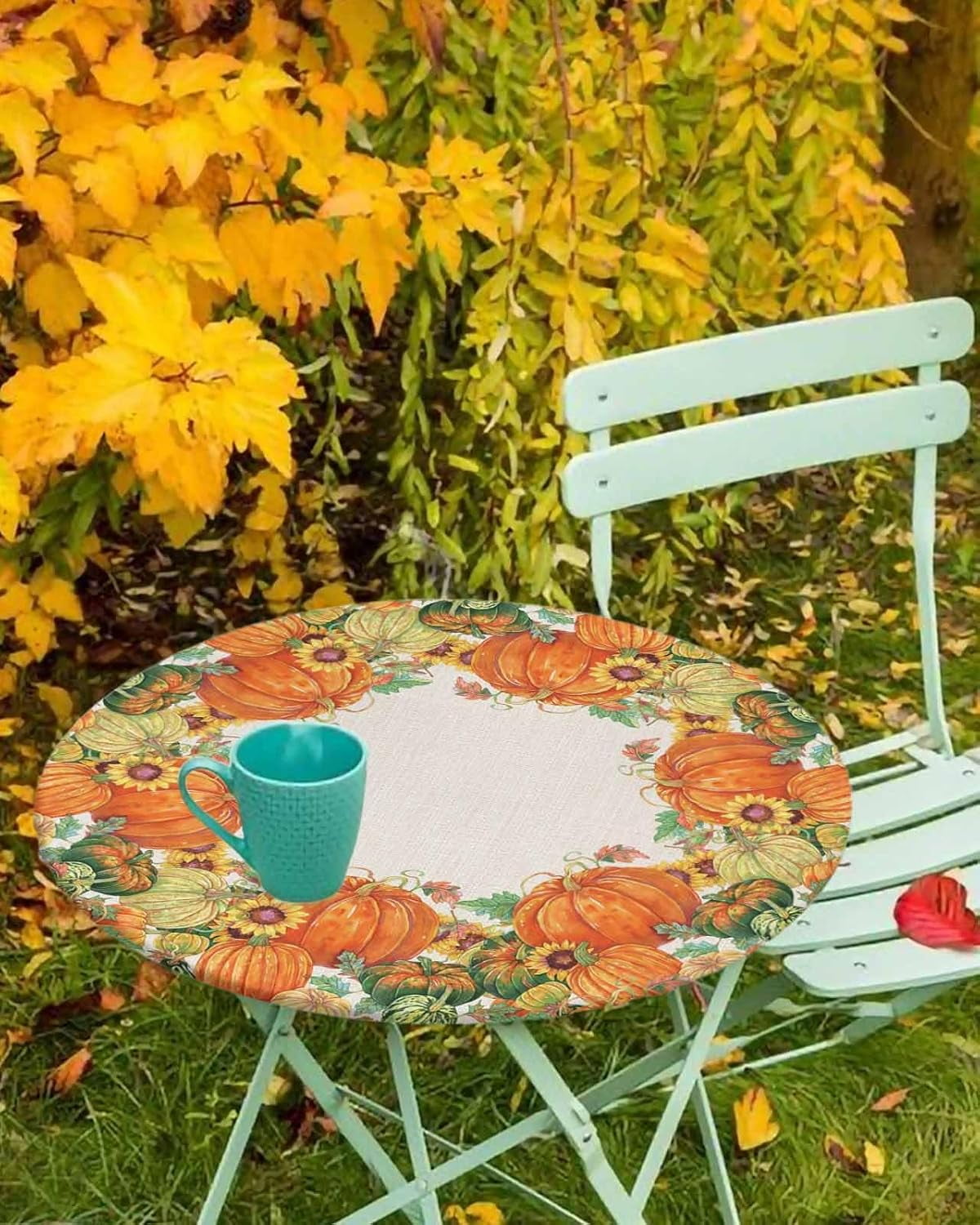 Round Fitted Tablecloth Elastic Edged Table Cover,Thanksgiving Fall Seamless Pumpkin Waterproof Wipeable Table Cloths for Kitchen Dining Party Fit up 36-44in Tables,Watercolor Maple Leaves on Burlap