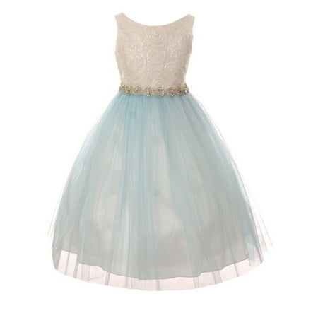 Girls Ivory Baby Blue Sequin Crystal Belt Tulle Flower Girl