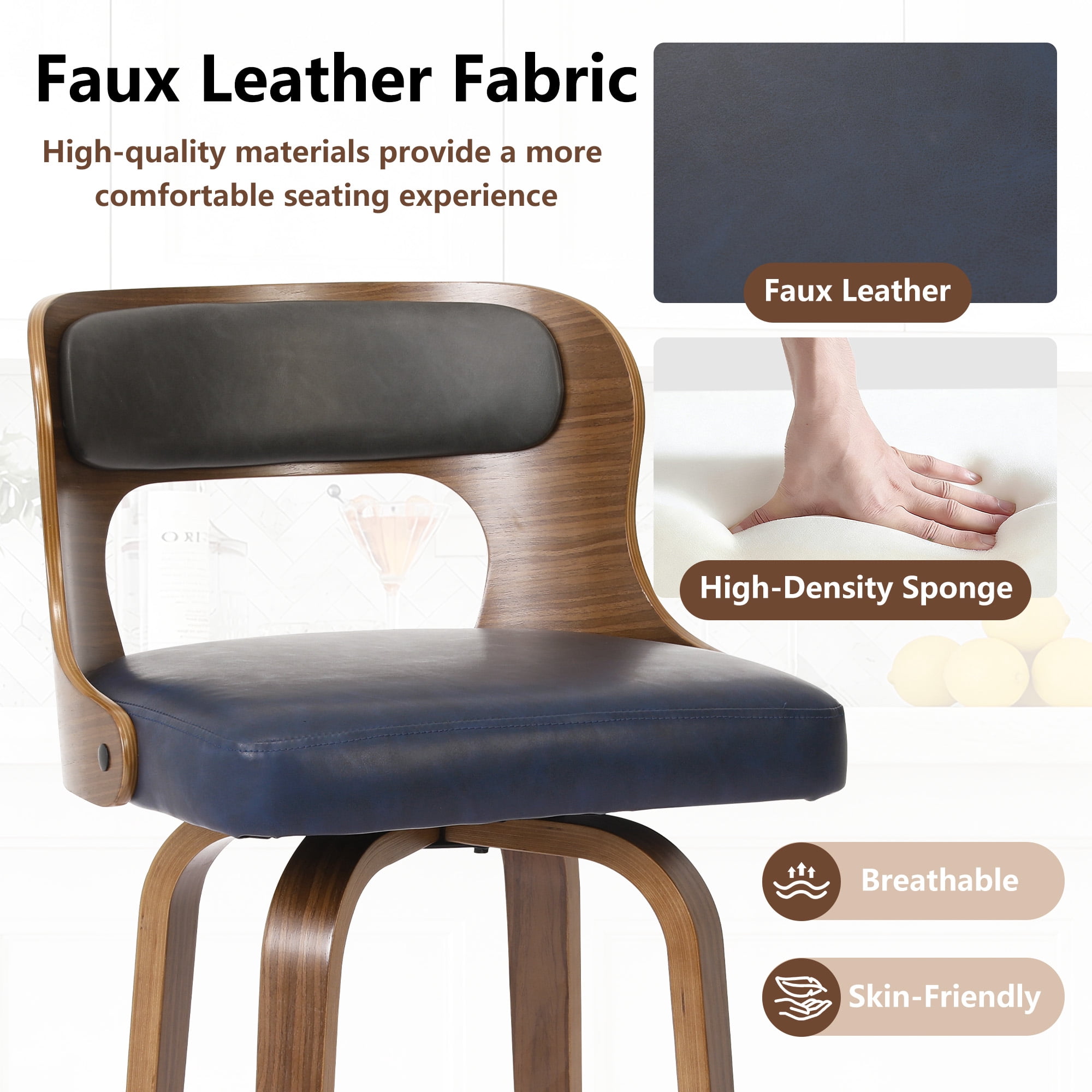 ClinQ 26 inch Swivel Bar Stools Set of 2, Counter Height Bar Chairs with Walnut Legs and Silver Ring Footrest, Upholstered Faux Leather, Blue