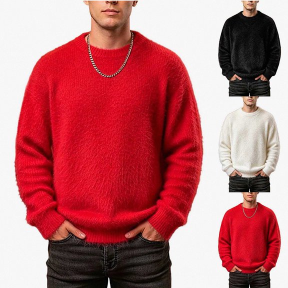 Babcutegg Mens Fuzzy Fleece Sweater Crew Neck Knit Long Sleeve Fall Winter Warm Casual Sweaters Size 2XL
